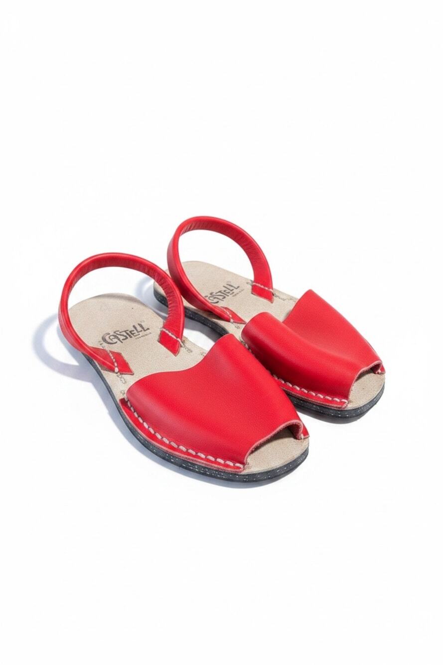 Castell Menorca Girls Red Leather Peep-Toe Flat Sandals, Avarcas size 4